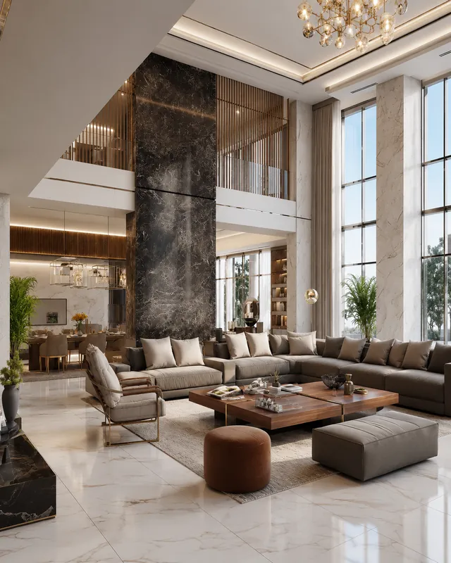 Casas y residencias Propuesta de diseño: Sala de doble altura en mármol