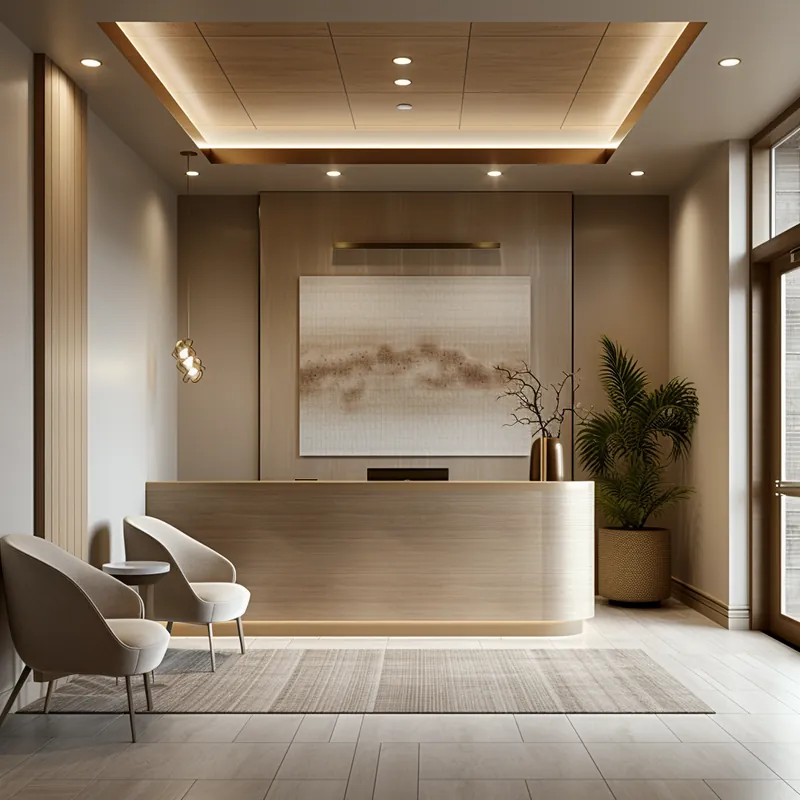 Oficinas Propuesta de diseño: Recepción con muro de madera